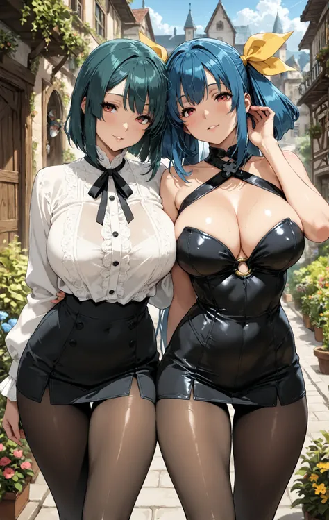 2girls, Dizzy and her older sister , guilty gear,cowboy shot, garden, hand on ear,big large breasts, parted lips,seductive smile, town pantyhose, ,, masterpiece, best quality, amazing quality, detailed background, intricate details