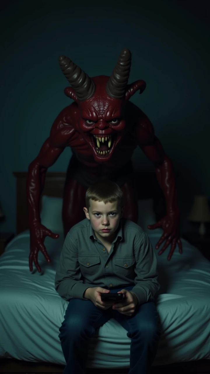 A terrifying scene in a dark bedroom at night. A boy with a serious expression and a fixed gaze is sitting on the bed, holding a cellphone. Behind him, a demonic creature with red skin, curved horns, and glowing eyes approaches with a menacing expression, ...