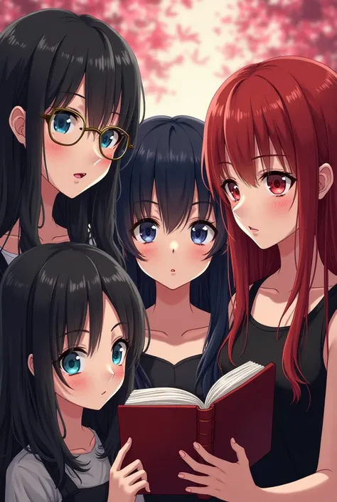 Four anime and manga style girls who talk and read a book called Blood and Ashes. The first girl has long wavy black hair ,  blue eyes and round gold glasses .  The second girl has long wavy black hair and blue eyes .  The third girl has straight black bob...