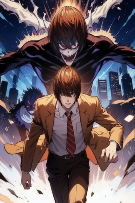 Realistis character with a red tie and a brown jacket walking in front of a blue background, yagami light, light yagami, death note, death note style, death note ， d & d, Realistis wallaper, hd  wallpaper, l · lawliet, lighting