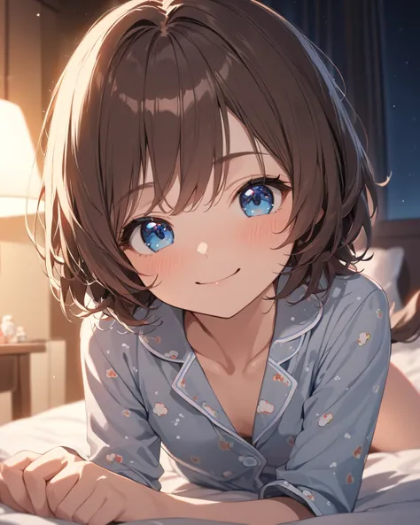 1girl, Best Quality, Very detailed,Ultra-high resolution, cowboy shot, soft focus, (smile, Kind eyes, blue eyes), small breasts, slender, {dark brown hair, Short Hair, waved hare}, ((short twin tail:1.2)), ((low twin tail:1.2)),pajama, night bed room, sexy...