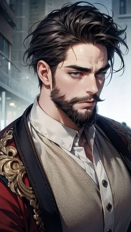 ( best quality,4K,8k, highres, masterpiece:1.2), ultra-detailed ,(realistic,photorealistic,photo-realistic:1.37),36-year-old man,3 day beard,Cute anime ,Portraits,strong,Masculine, dark hair,sharp jaw,  mesmerizing eyes  , perfectly combed hair, cool anime...