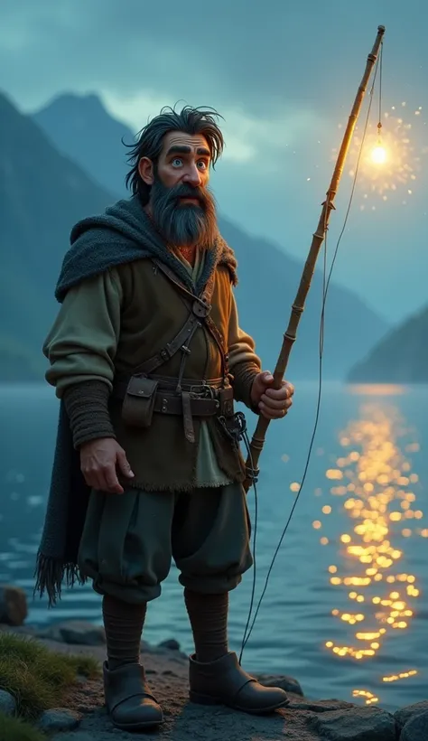 A middle-aged fisherman with a rugged, weathered face, high cheekbones, a strong jawline, piercing blue eyes, a slightly crooked nose, a broad forehead, and sunken cheeks. His messy, shoulder-length dark brown hair with strands of gray moves slightly in th...