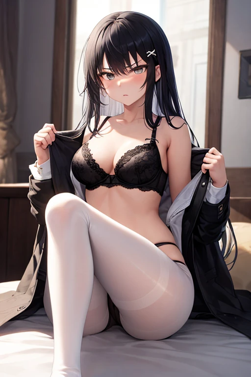 (( top quality)), (( Masterpiece)), (  Details),  1 girl,  black hair and blue hair mesh,  long hair, Bedhead, Glaring face, Narrow eyes,  sharp eyed,  has pimples under the eyes ,  small white hair ornament , White hairpin,  big breasts, Black jacket,  se...