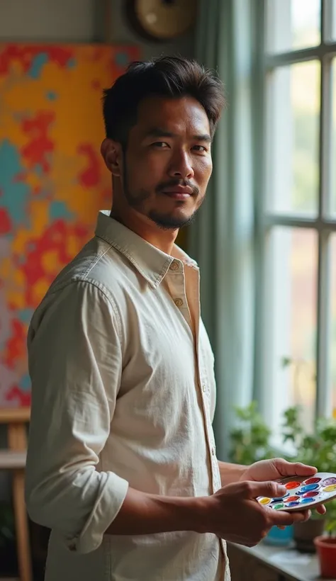 A handsome Indonesian man with mature palm skin ,  an artist with an inspiring expression ,  standing half-body inside the aesthetically pleasing art room .  He is wearing a casual linen shirt with slightly rolled up sleeves , there was a stain of paint on...