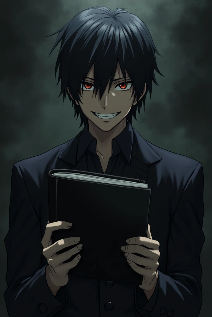 Light Yagami from the anime "Death Note" with a malicious smile and a black notebook in his hands