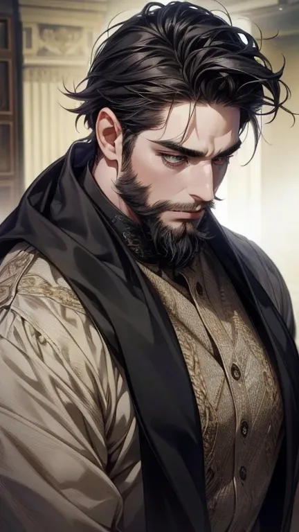 ( best quality,4K,8k, highres, masterpiece:1.2), ultra-detailed ,(realistic,photorealistic,photo-realistic:1.37),36-year-old man,3 day beard,Cute anime ,Portraits,strong,Masculine, dark hair,sharp jaw,  mesmerizing eyes  , perfectly combed hair, cool anime...