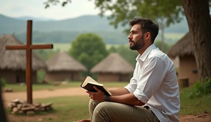 Jeff, a white british man in his late 20s dressed in a white shirt and khaki trousers, sits in front of a simple wooden cross, holding a Bible, gazing toward the Kikuyu village, deep in thought.