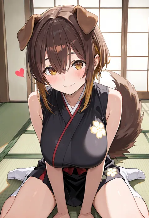 ( top quality , 8k , masterpiece , incredibly absurdres , beautiful woman , perfect body , super detailed skin , highly detailed eyes and face , 1 person ) , Inugami King , original hair color , brown hair , brown eyes ,  dog ear , smile ,  will be happy ,...