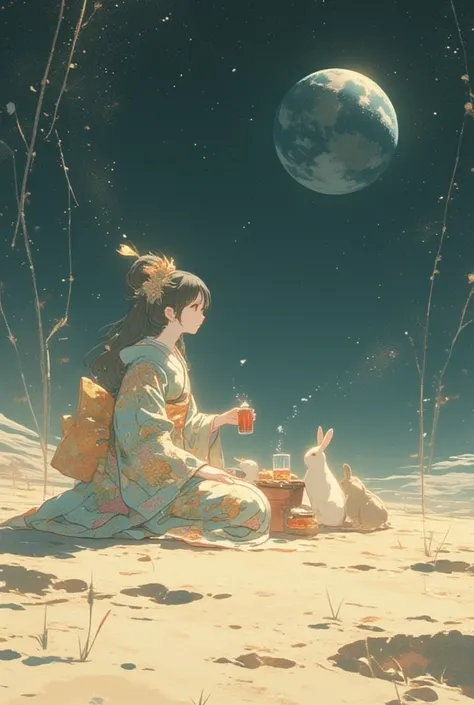 (masterpiece, best quality),(ukiyo-e style:1.5), subtle colors, post-grunge, concept art, paint splatters, intricate details. trends in art station, detailed depiction,(Kaguyahime and rabbits drinking sake at Tokkuri,sitting on moon surface), Japanese beau...