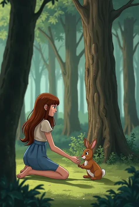 Scene 1: Emily Finds Rosie
- A  (Emily) kneeling in a forest, surrounded by tall trees and underbrush.
- A small rabbit (Rosie) sitting alone, looking scared and lost.
- Emily's hands reaching out to gently pick up Rosie.