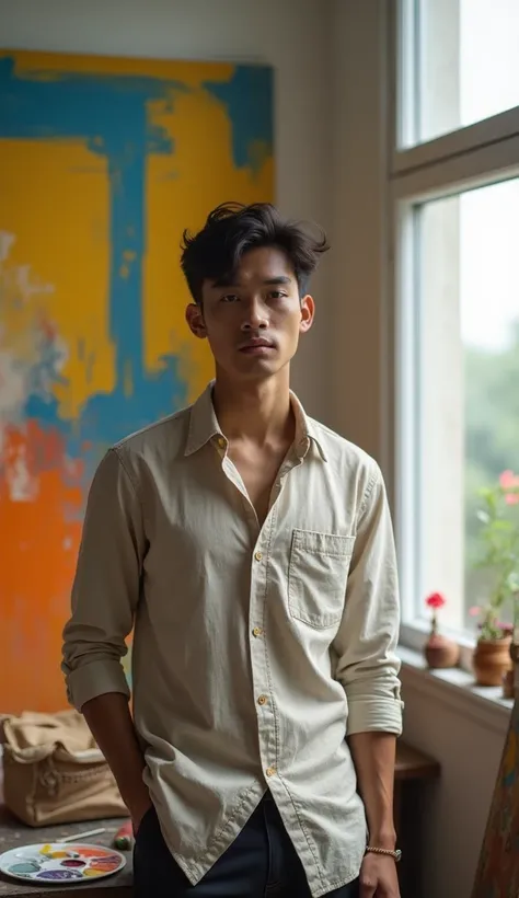 A 25 year old Indonesian handsome man with mature palm skin ,  an artist with an inspiring expression ,  standing half-body inside the aesthetically pleasing art room .  He is wearing a casual linen shirt with slightly rolled up sleeves , there was a stain...