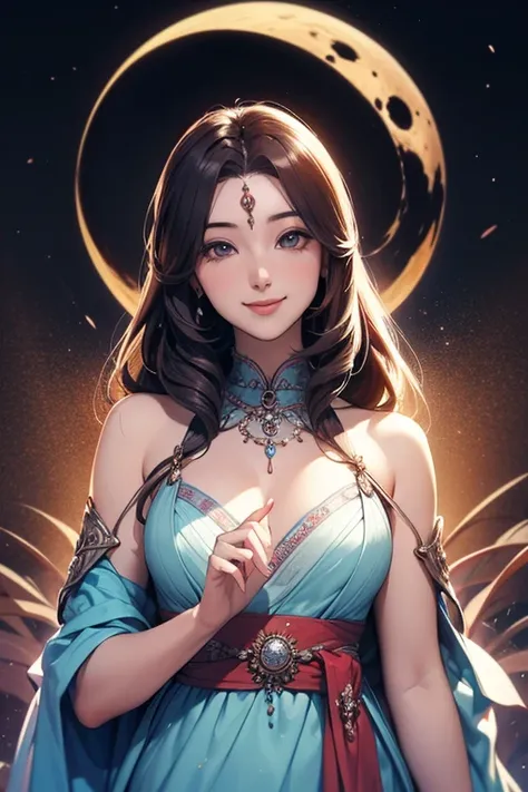 midnight, beautiful goddess of moon, looking at camera kindly, smile
