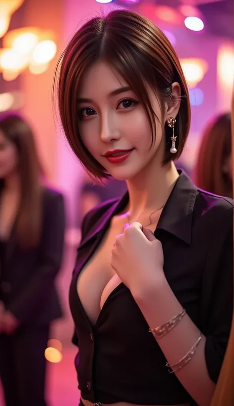 12K、HDR、   Japanese、  bits deep 10 bits   、 Standing Posture 、While drinking alcohol at a club、With a big smile、With a smiling face、Club lighting 、 neon tube 、 is enjoying dancing with friends、There are a lot of customers in the club、Dancing in the store、 ...