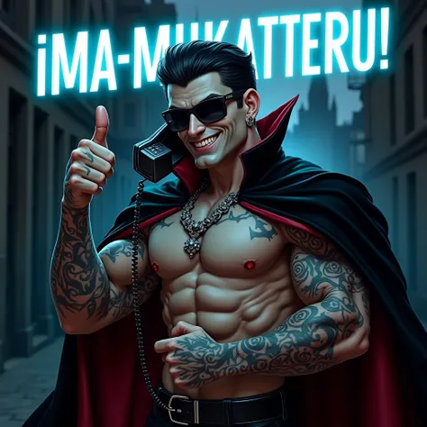 "Ima-Mukatteru!"
A muscular and intimidating vampire with slicked-back jet-black hair, wearing dark, glossy sunglasses and a high-collared black cape lined with deep red velvet. His chiseled face features sharp fangs peeking from his smirking lips. His arm...