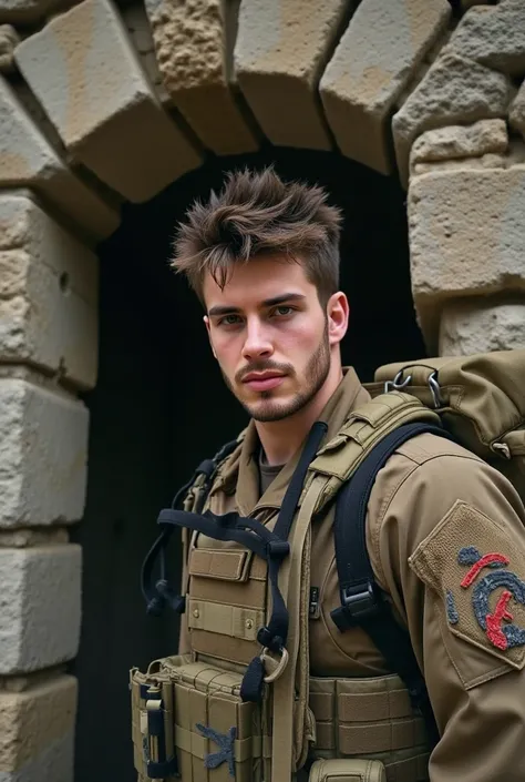 navy seal in a sandy combat suit ,  young man,  dark blond medium length hair tangled curls,   perfect clean soft pussy  , some beard ,  standing in front of an old stone wall 