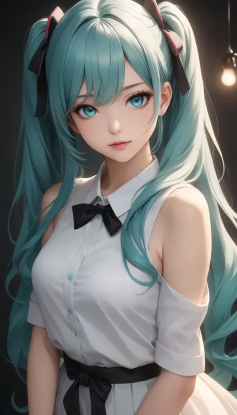  Hatsune Miku, (turquoise hair ,  long twin tail),  Fine Art , Beauty,  very detailedな顔と目,  Sharp Strong Gaze ,  full body shot,  beautiful eyes in every detail , Beautiful lips down to the last detail,  very detailedな顔,  long eyelashes,  high definition, ...