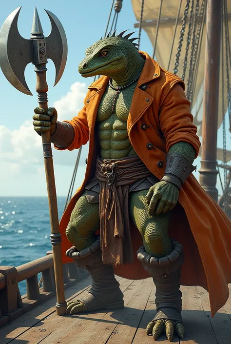 Lizardfolk barbarian pirate with a great axe wearing an orange coat