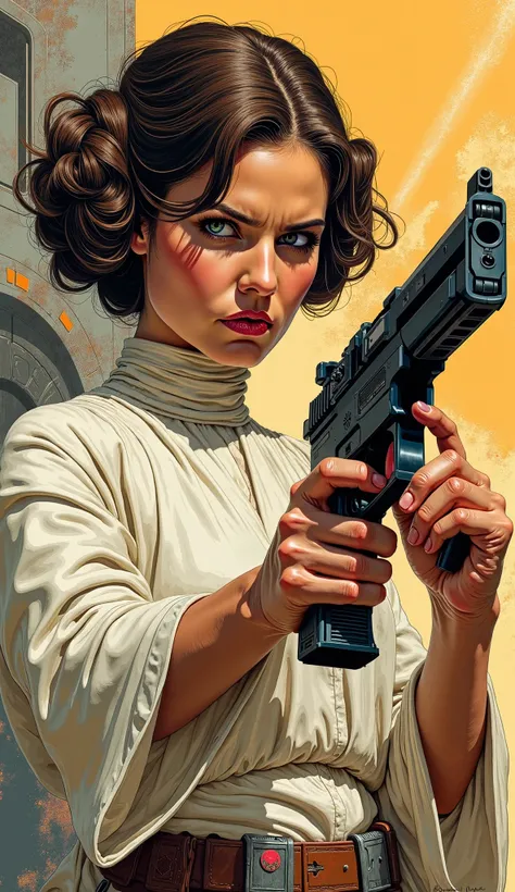 Image de la Princesse Leia tenant une arme à feu dans le style des comics des années 90 