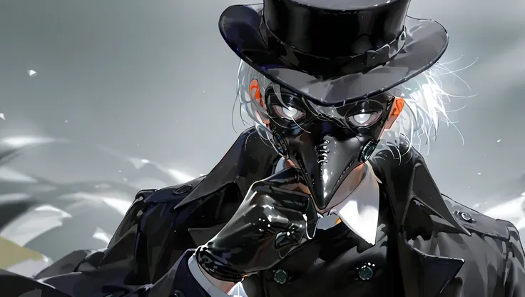 Alone,  handsome, 1 male,  short hair,   white collar hair  , White Eyes,  black coat,  black plague doctor mask,  black gloves,  black top hat 