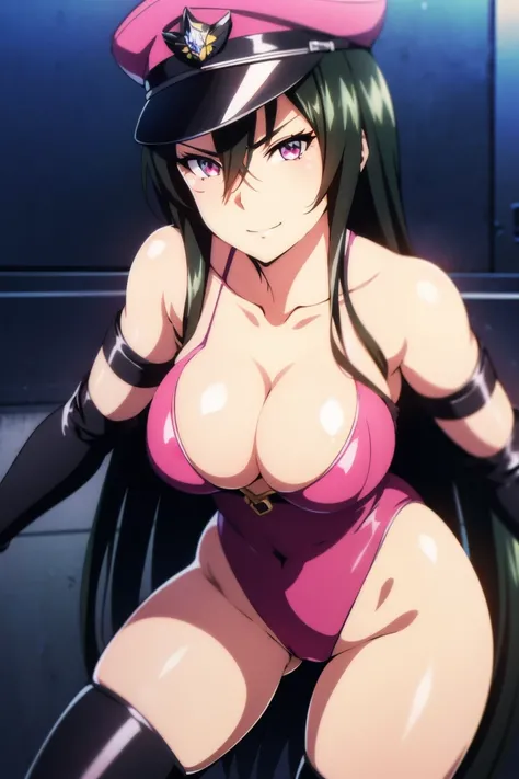 hyper detailed perfect face, hyper detailed perfect eyes, light eyes, clear eyes, shiny eyes, cowboy shot, bondage, leotard, black hair, very long hair, hair between eyes, very pink eyes, bare thighs, bare shoulders, collarbone, large breasts, cleavage, el...