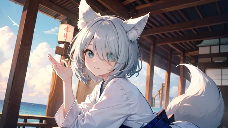   gray hair 、  illuminated by the dark 、 I had hair on one eye、summer、sea、Japan、  low angle、Cumulonimbus、 slender、   cute pose、smile、   Cool Personality、   boyish、July、  Japanese style clothing、 fox ears、 foxtail 、  high school girl、、 Masterpiece、 Masterpi...