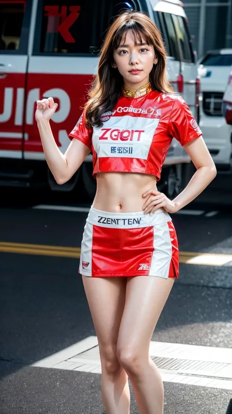 A beautiful Japanese woman, 20 years old, perfect anatomy, healthy thighs, beautiful legs, beautiful skin, random hair color, random hairstyle, large breasts, race queen, (race queen costume:1.3), zent, (she is standing:1.2), full body shot, high heels, ra...