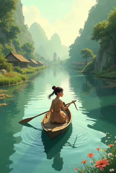 A village girl riding a boat alone
