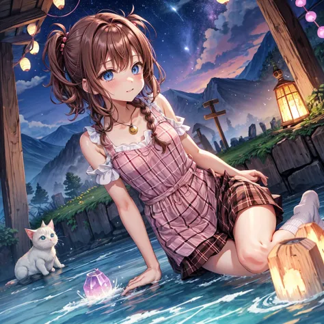 pink brown brown hair、 blue eyes、 with hair tied、Two cute、 Plaid Mini Skirt、 BLACK T-SHIRT、 light clothing、 One Piece、 camisole with green leaves、 high socks 、Teeth are visible、The stone is cracked、 the road is crooked、Mountain々、diagonal、 monsters、fog、 Aur...