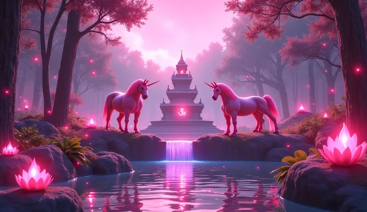  a small pink waterfall of pink water ,  Several very beautiful luminous plants that shine throughout the forest {x} the temple has 3 small balls of precious pink light on the top,  at night,  clear sky  con la  pink aurora borealis  de color rosa,  3 very...