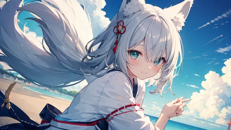   gray hair 、  illuminated in the dark 、 I had hair on one eye、summer、sea、Japanese Town、 low angle、Cumulonimbus、 slender、   cute pose、smile、   Cool Personality、   boyish、July、  Japanese style clothing、 fox ears、 foxtail 、  high school girl、、 Masterpiece、 M...