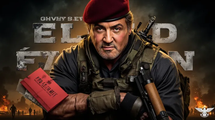 **Scene Description:**  
Sylvester Stallone as a ruthless mercenary, leader of an elite squad, stands in full combat gear. He wears a tactical vest loaded with ammunition, a maroon/black paratrooper beret on his head, and his face is covered in combat camo...