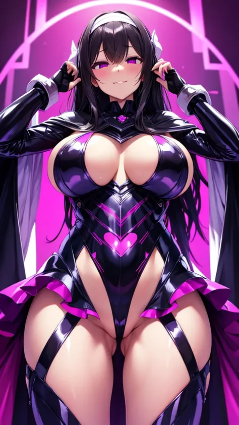  erotic、Sagasawa Fumika、 long black hair、 white hair band、Big Breasts、 cyberpunk、 cybersuit wearing a cape、full body fishnet bodysuit、Mysterious Glowing Purple Eyes 、 pink love hotel with dark lights、 pink wall 、Evil grin、despise、 look down、Open your mouth...