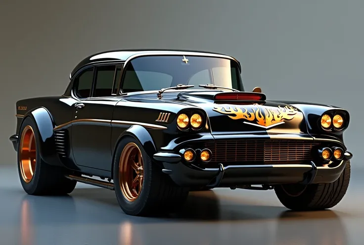 1959 Chevrolet Bel Air, STAR WHEEL, WIDE WHEEL, Metallic black color, ILLUMINATED HEADLIGHTS,  dark glass , details in gold, gold trim, sunroof, SIDE EXHAUSTS,  FIRE DESIGN WRITTEN ON THE FRONT HOOD .