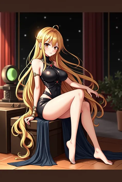 Physically fit woman with long blond hair and big breasts anime version