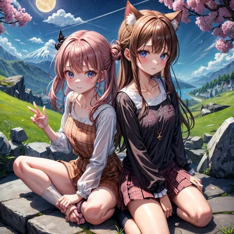 pink brown brown hair、 blue eyes、 with hair tied、Two cute、 Plaid Mini Skirt、 BLACK T-SHIRT、 light clothing、 One Piece、 camisole with green leaves、 high socks 、Teeth are visible、The stone is cracked、 the road is crooked、Mountain々、diagonal、 monsters、fog、 Aur...