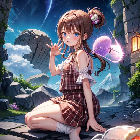 pink brown brown hair、 blue eyes、 with hair tied、Two cute、 Plaid Mini Skirt、 BLACK T-SHIRT、 light clothing、 One Piece、 camisole with green leaves、 high socks 、Teeth are visible、The stone is cracked、 the road is crooked、Mountain々、diagonal、 monsters、fog、 Aur...