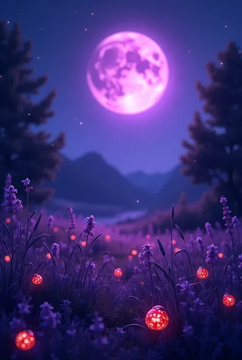 At night the moon 
Violet in a meadow illuminated by ladybugs 