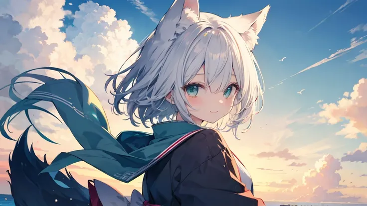   gray hair 、  illuminated by the dark 、 I had hair on one eye、summer、sea、Japanese-style town、 low angle、Cumulonimbus、 slender、   cute pose、smile、   Cool Personality、   boyish、July、  Japanese style clothing、 fox ears、 foxtail 、  high school girl、、 Masterpi...