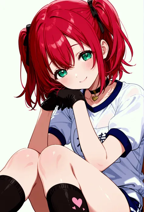  Kurosawa Ruby、  short hair、bangs、(  GREEN EYES:1.3)、 Red Hair 、Aqua Hitomi  、  two side up  、  gym uniform  、smile、  Masterpiece、  Super Detail、  open their mouths、whole body、  Overknee Socks  、  choker 、  black gloves