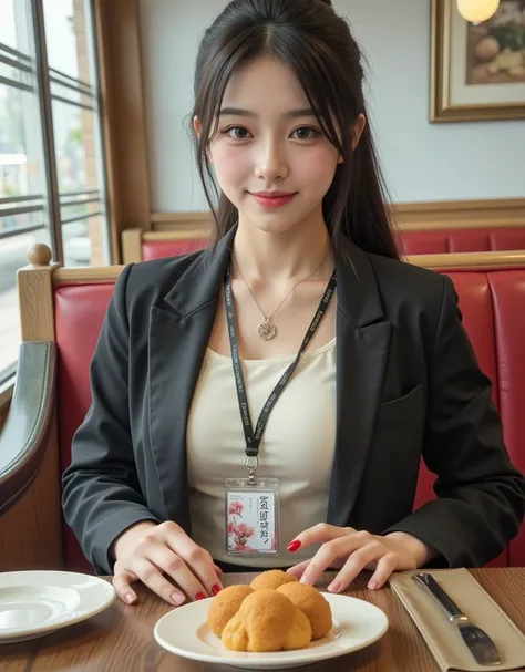 (Profile of a super cute busty Korean female announcer when she is eating delicious rice balls at the diner:1.2)(Grinning,smile:1.1)(Beautiful Sweat:1.1)(16k,  RAW photos ,  top quality,  Masterpiece: 1.2),( cute ponytail with glossy black hair )  Super De...