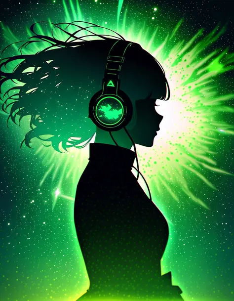 silhouette of a sexy woman in profile.(random hair:1.3), blunt bangs, (headphones:1.3), Inside the silhouette you can see the double exposure with a deep space green, green universe, supernova Green explosion, masterpiece, ((double exposure)), proportional...