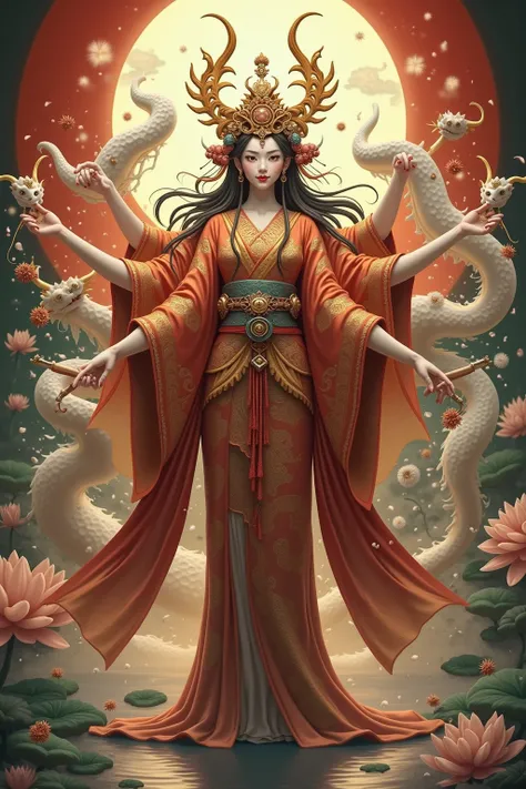  The mysterious and majestic figure of Benzaiten with eight arms 。, she is known as the goddess of fortune, music, and wisdom 、 wears traditional luxurious costumes from the Heian period 。Each arm has a sword 、bow、Orb、 has a fantastic and sacred atmosphere...