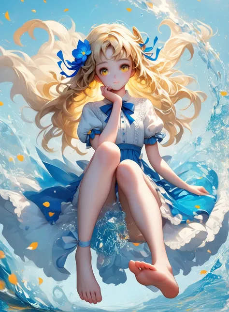 1girl, solo, barefoot, long hair, blonde hair, flower, hair ornament, yellow eyes, hair flower, blue flower, short sleeves, dress, petals, skirt, bow, puffy sleeves, looking at viewer, blue skirt, full body, closed mouth, shirt, puffy short sleeves, floati...