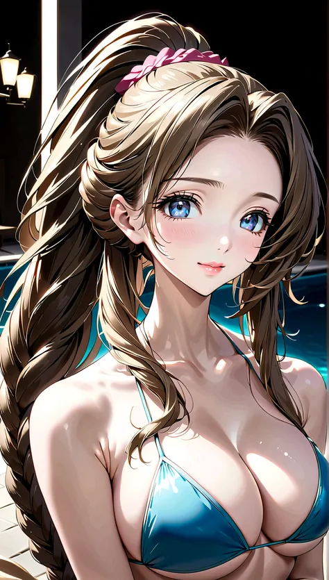 (((masterpiece))),(( best quality)), beautiful girl with a fan , Aerith, Sexy witch, bangs,(Long Hair, braided ponytail:1.5),(((large firm bouncy chest,deep cleaves))),Stunning Digital Art,beautiful fantasy art,Dynamic Sexy Pose,cuty smile,20-year-old woma...