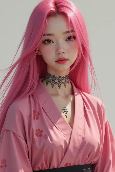 realistic young asian long pink haired lady in a cool pose with neck tattoo in a pink kimono half body not cut off 