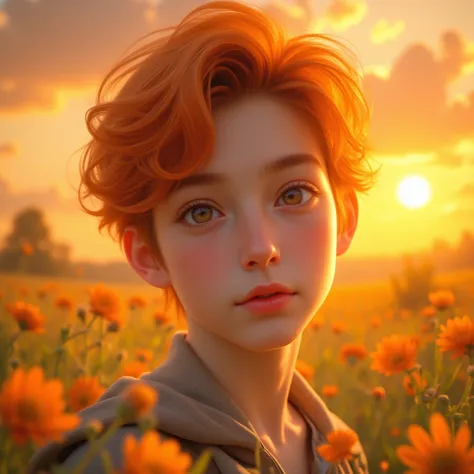 Masterpiece, best quality, 8k, highest quality, best graphic, beautiful eye, beautiful lip, beautiful background, boy in 10s, orange hair, orange and yellow flower, sunset