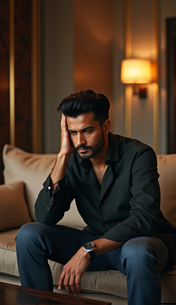 A 36 year old Indian young handsome man sitting on the sofa and thinking, thinking face, hands on head, heads down, wearing black tshirt and jeans , luxurious interior , luxury room, detailed image, cinematic scene, cinematic lighting, ultra realistic, hyp...