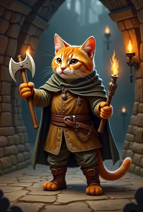 A cat with a small axe in one hand and a torch in the other hand wearing medieval clothes