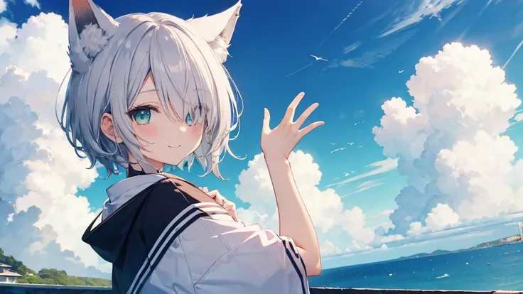   gray hair 、  illuminated by the dark 、 I had hair on one eye、summer、sea、Japanese-style town、 low angle、Cumulonimbus、 slender、   cute pose、smile、   Cool Personality、   boyish、July、  Japanese style clothing、 fox ears、 foxtail 、  high school girl、、 Masterpi...